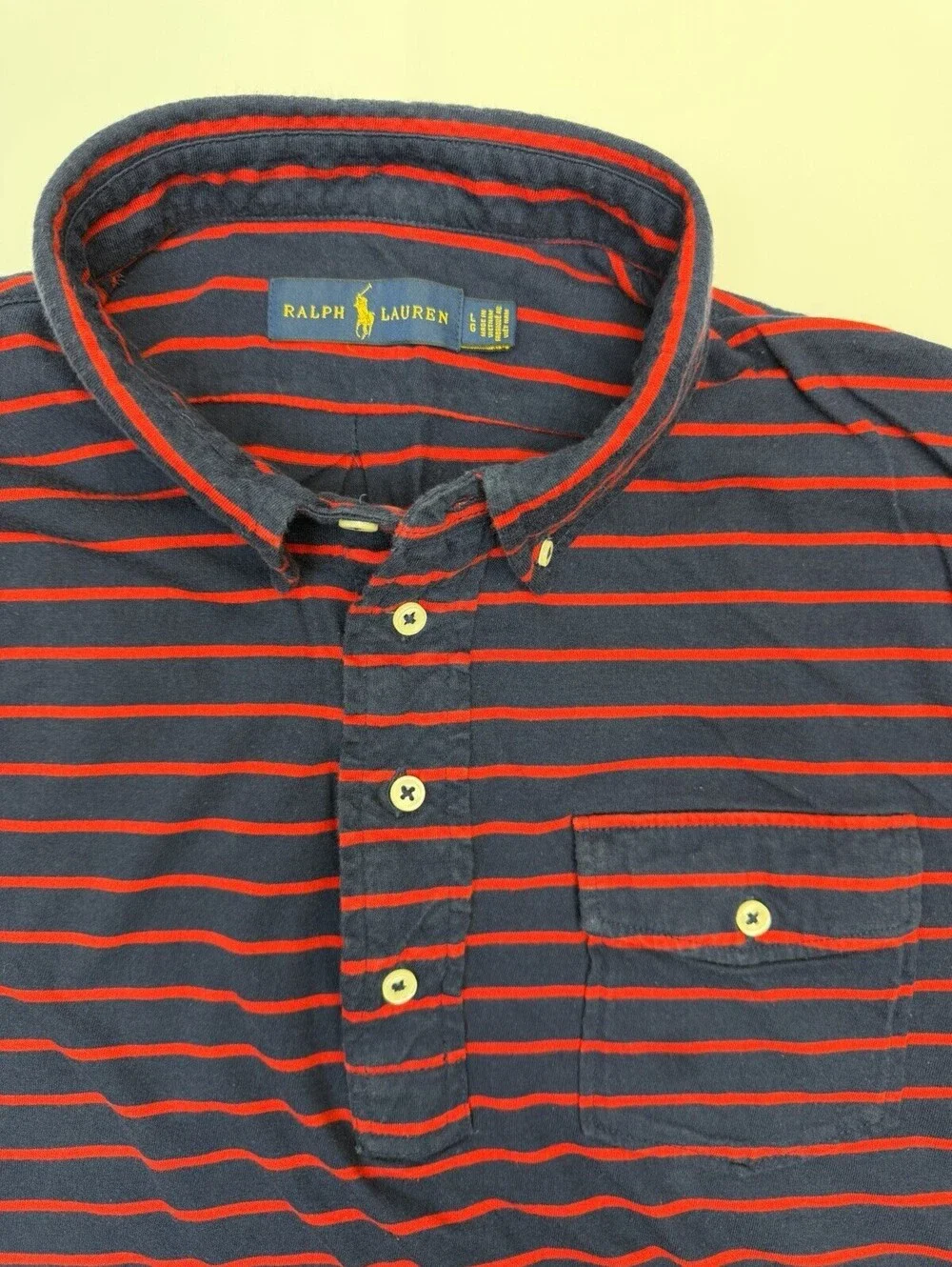 Ralph Lauren Polo Shirt Large Navy Blue Red Striped Pony Casual Pocket Mens